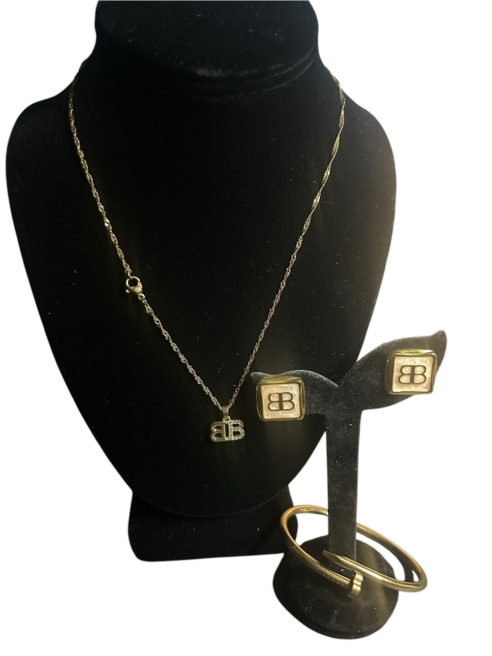 Fashion Jewelry Gold-Tone Logo Necklace, Studs & Bangle Set